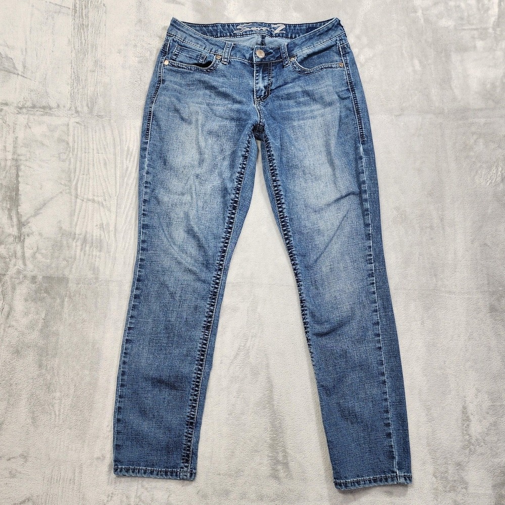 Seven7 Jeans Womens 8 Blue Mid Rise Slim Straight Rhinestone Flap Pocket Stretch